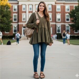Altar'd State Olive Green Knit Peplum Sweater with Ruffle Details Medium